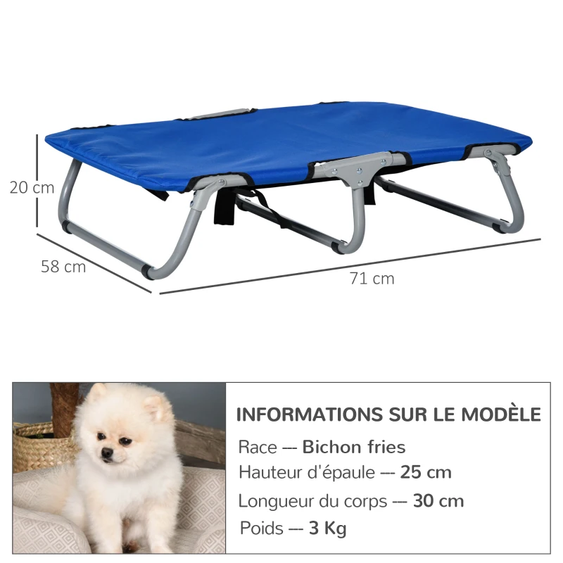 PawHut Lit surélevé pour chien lit de camp animal pliable intérieur extérieur tissu oxford 71 x 58 x 20 cm bleu