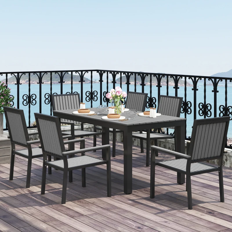 Outsunny 6 Seater Garden Dining Set with Stackable Chairs, Aluminium Frame, Rectangular Plastic Top, Garden Furniture Set, Outdoor Dining Table and Chairs for Patio, Balcony, Poolside, Grey