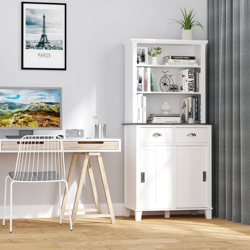 HOMCOM Buffet de cuisine armoire de cuisine multi-rangements 2 portes coulissantes 2 tiroirs 2 étagères + plateau blanc noir