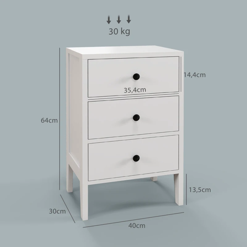 HOMCOM Lot de 2 tables de chevet, tables d'appoint, 3 tiroirs pour chambre en bois 40L x 30l x 64H cm blanc