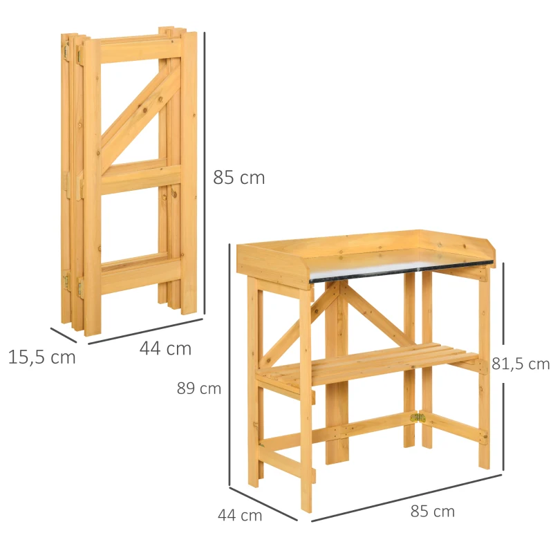 Outsunny Table de rempotage pliable - table de jardinage avec étagère plateau acier galvanisé avec rebord - table de plantation bois sapin pré-huilé