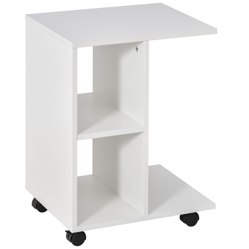 HOMCOM Mesita Auxiliar con Ruedas Mesa para Sofá en Forma de C con Estantes Abiertos para Salón 45x35x58 cm Blanco