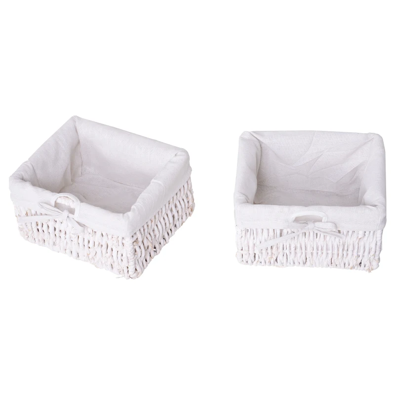 HOMCOM Porte-manteau mural - meuble de rangement mural étagère 4 patères + 2 paniers bois de paulownia osier tissu blanc