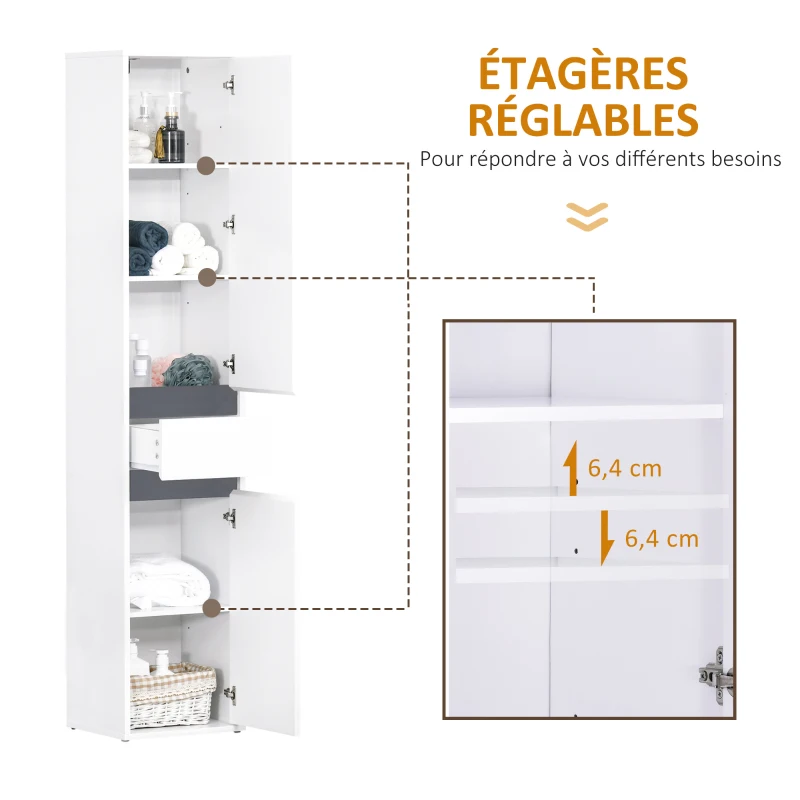 HOMCOM Meuble Colonne Rangement Salle de Bain Style Contemporain 2 placards 3 étagères et tiroir Coulissant Panneaux Particules Blanc