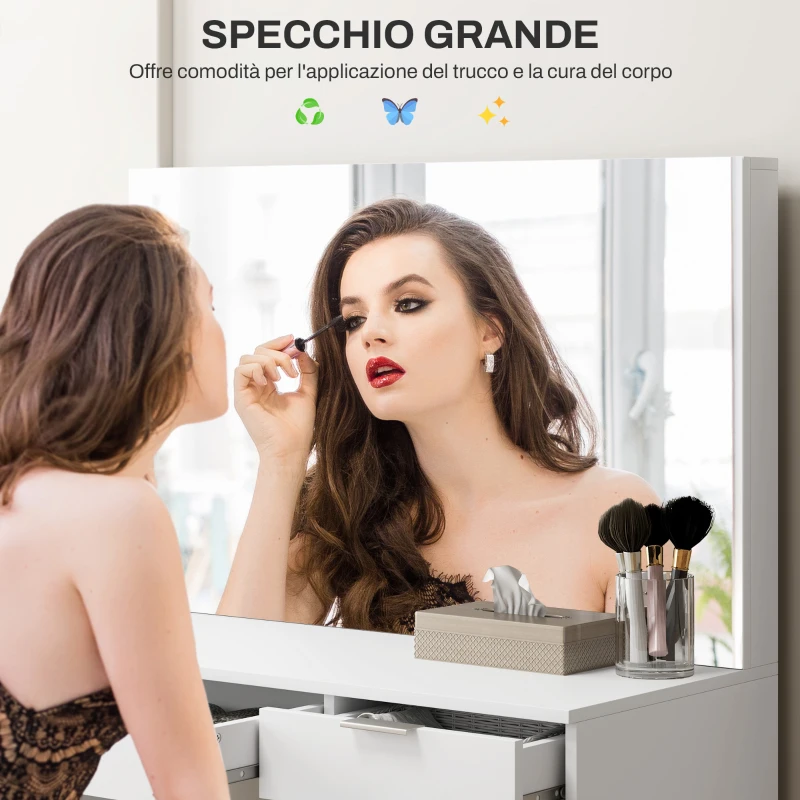 HOMCOM Set Tavolo da Trucco con Specchio e 5 Cassetti 97.2x44.5x136.5 cm e Sgabello Imbottito 40x24x46 cm, Bianco