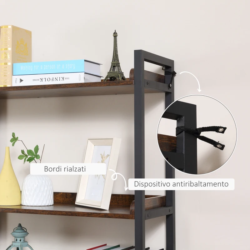 HOMCOM Mobile Libreria 4 Ripiani con Armadietto a 2 Ante, Libreria Scaffale in Stile Industriale per Casa e Ufficio, 75x30x180cm, Marrone
