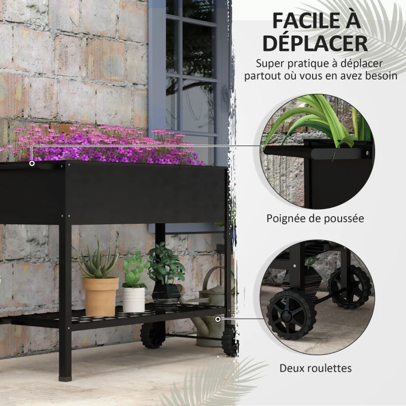 Outsunny Jardinière sur Pieds Potager dim. 109L x 39l x 80H cm étagère 2 Roues + Insert d'irrigation métal Noir