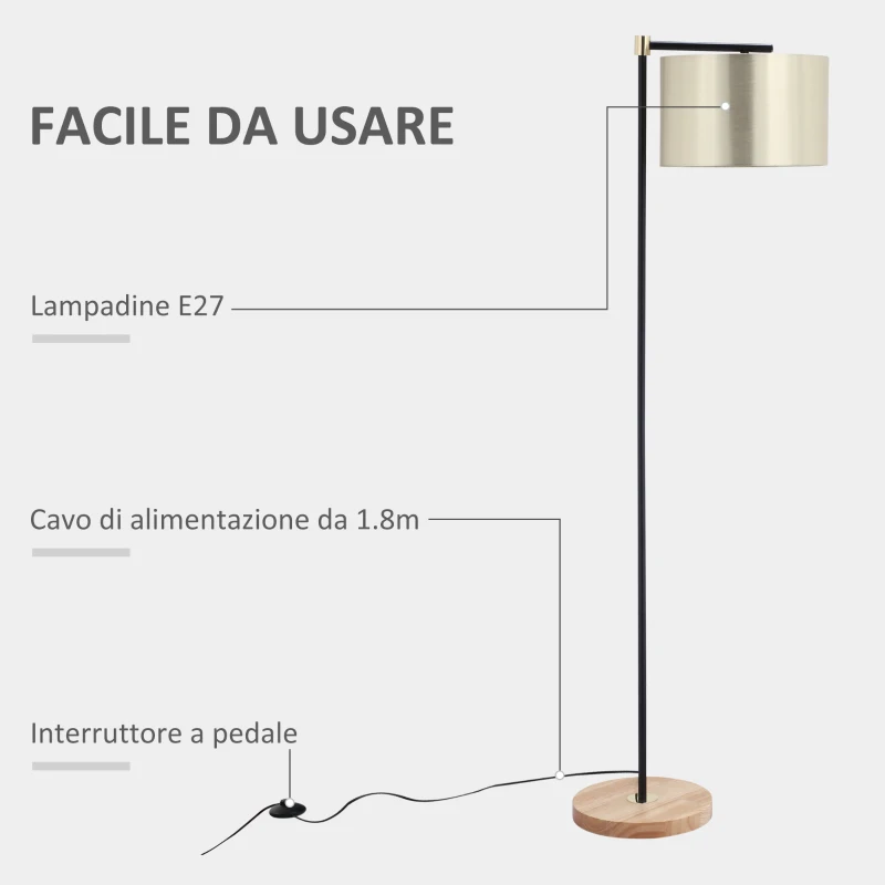 HOMCOM Lampada da Terra con Paralume in Tessuto e Base in Legno, Attacco E27, 48x32x152cm