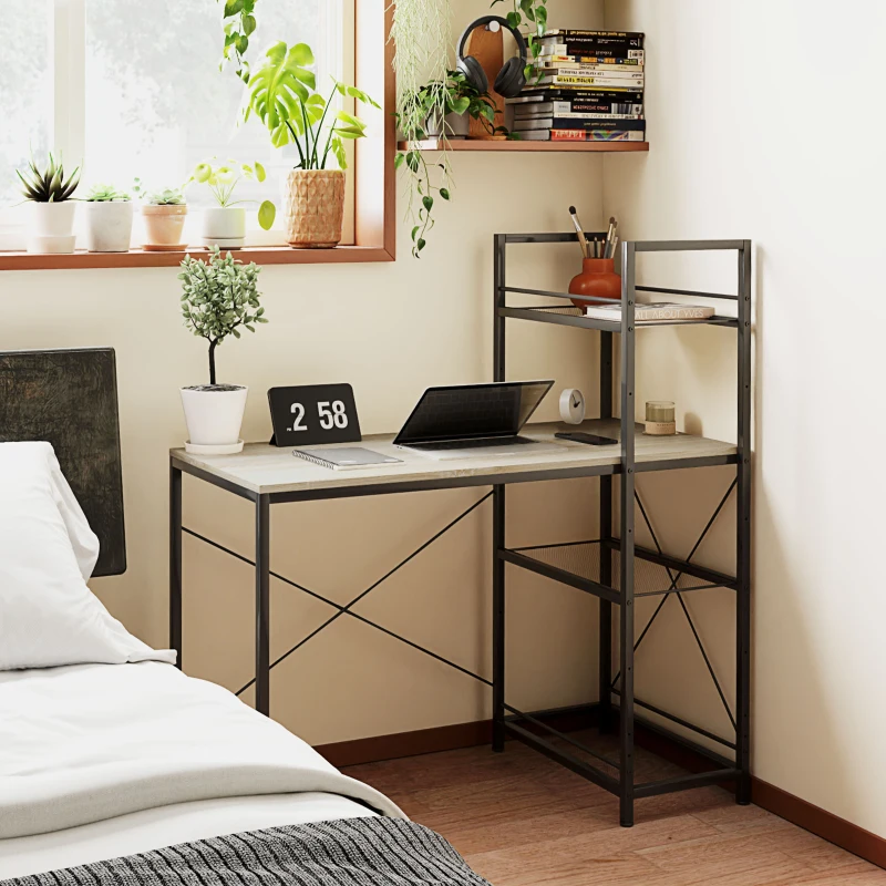 HOMCOM Bureau d'ordinateur avec étagère réversible à 4 niveaux table d'ordinateur cadre en acier 110 x 53 x 115,5 cm chêne noir