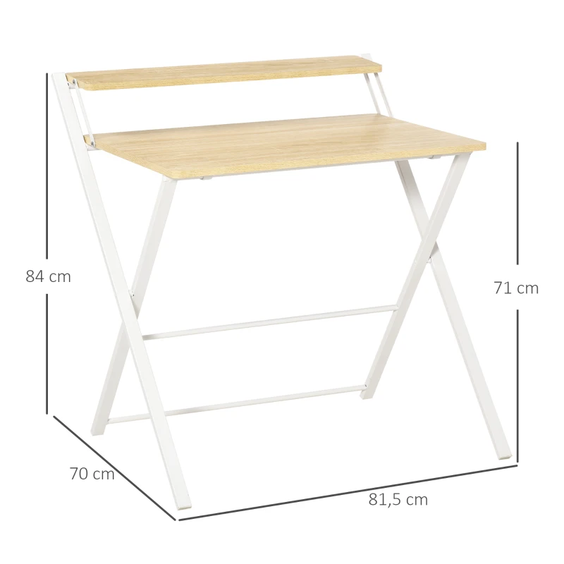 HOMCOM Mesa de Estudio Plegable con Estante Superior Estilo Moderno para Sala Oficina Dormitorio 81,5x70x84 cm Natural y Blanco