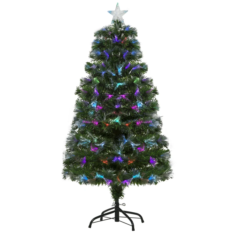 HOMCOM 4FT Multicoloured Artificial Christmas Tree w/ Fibre Optic Lights Pre-Lit Modes Metal Stand Star Holder Home Seasonal Decoration