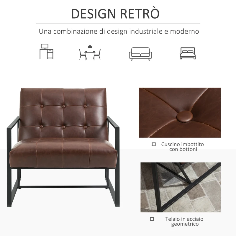 HOMCOM Poltrona Imbottita Stile Industriale Trapuntata a Bottoni, Arredamento Moderno Poltroncina da Ingresso in Metallo e PU, 75x81x78cm Marrone