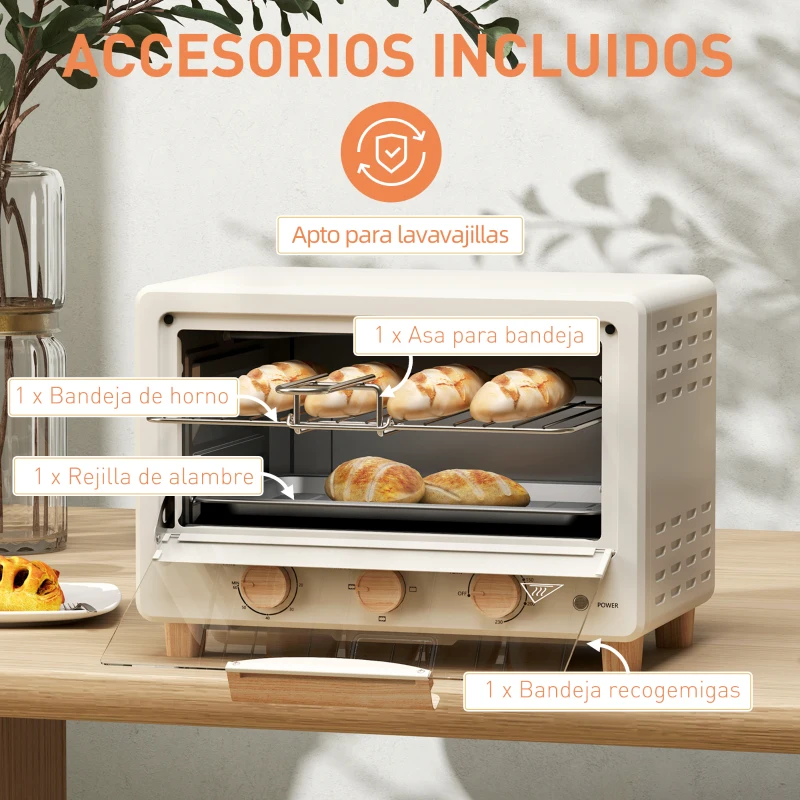 HOMCOM Horno Sobremesa de 16L 1400W Horno Eléctrico con Puerta de Vidrio Temporizador y Temperatura Ajustables hasta 230℃ Crema(m-6)