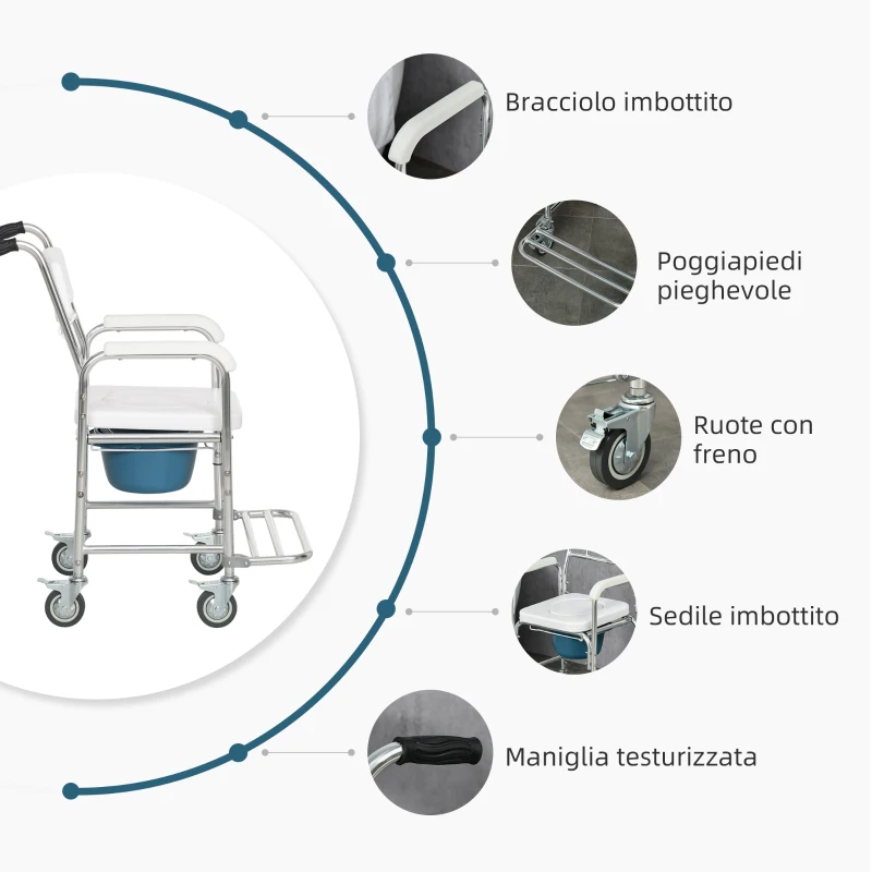 HOMCOM Sedia Comoda con Ruote per Anziani 3 in 1, Sedia per WC in Alluminio con Secchio Rimovibile, Bianco