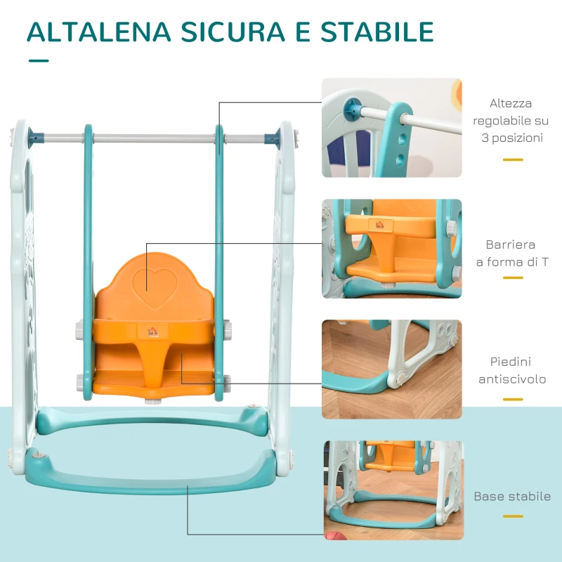 HOMCOM Scivolo 3 in 1 per Bambini con Altalena Regolabile, Canestro e Palle per Cameretta e Giardino, 149x186x98cm, Blu e Arancione