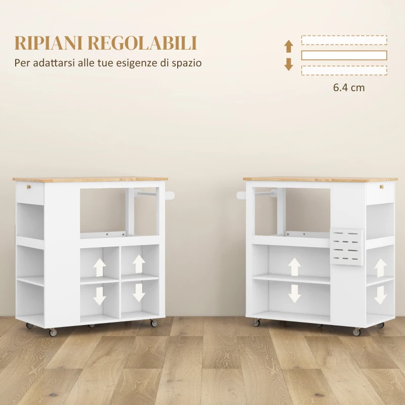 HOMCOM Carrello Isola da Cucina con Ripiani Regolabili, Portacoltelli e Piano in Legno, 86.5x47x88 cm, Bianco