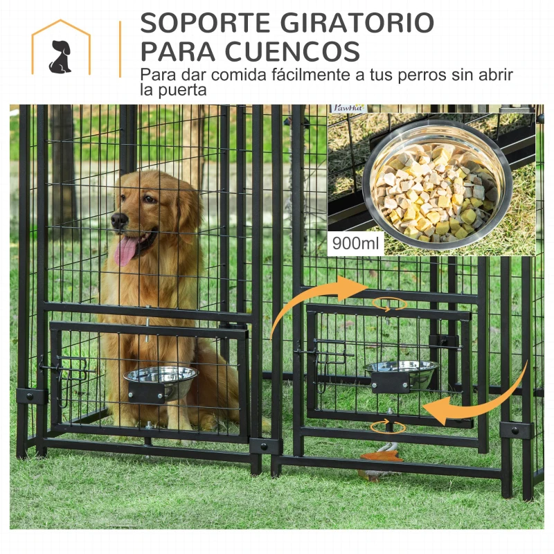PawHut Perrera de Exterior con 2 Soportes Giratorios para Comida 2 Cuencos y Toldo de Impermeable 141x141x153 cm Negro y Rojo
