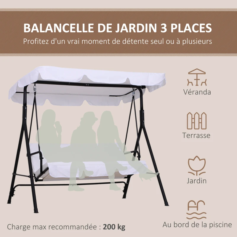 Outsunny Balancelle de Jardin 3 Places Toit Inclinaison réglable Coussins Assise et Dossier 1,72L x 1,1l x 1,52H m Acier Noir Polyester Blanc