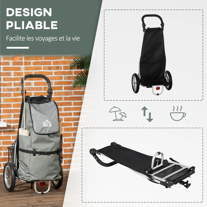 HOMCOM Chariot de courses pour vélo remorque pliable en aluminium avec sac amovible en tissu capacité 55L