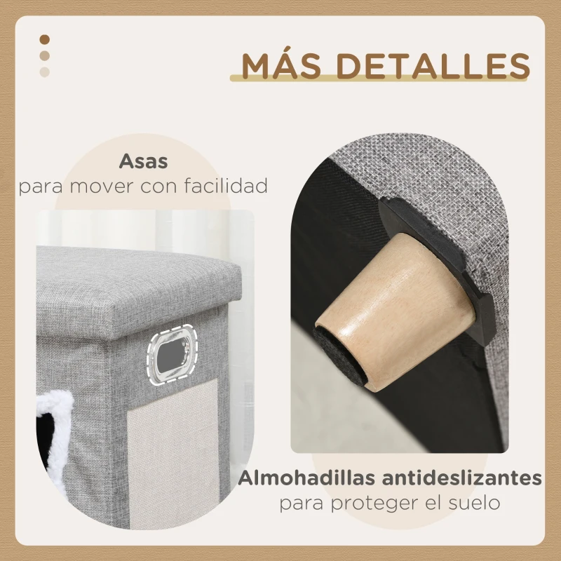 PawHut 2 en 1 Reposapiés Cama para Gatos con Cojín Extraíble Bola Colgante y Almohadilla para Rascar 35,5x35,5x42,5 cm Gris