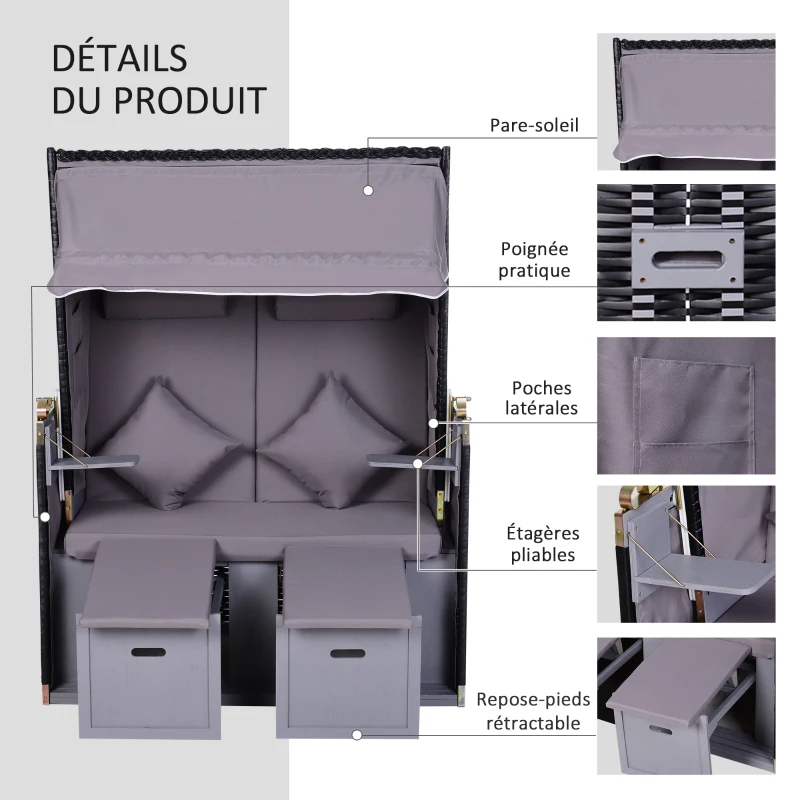 Outsunny Corbeille de plage 2 places pliable - Cabine chaise de plage inclinable - abri plage strandkorb - coussins, repose-pieds, tablettes, pare-soleil - bois résine tressée polyester gris