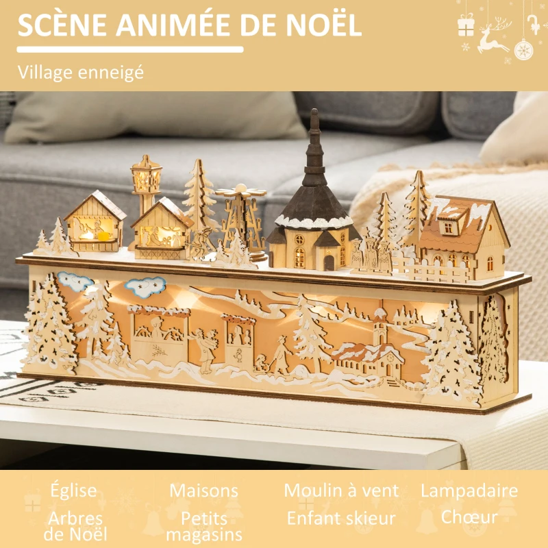 HOMCOM Village de Noël Lumineux en Bois Décoration de Noël Maison miniature sur table avec 10 LED Blanc Chaud - 45 x 10 x 25 cm