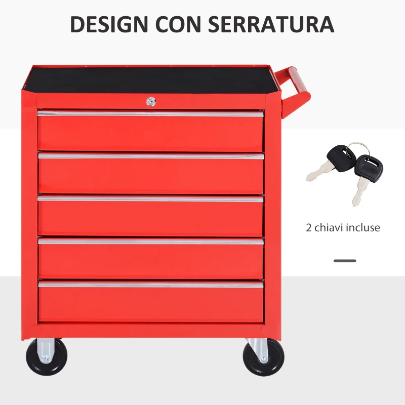 HOMCOM Carrello Porta Attrezzi a 5 Cassetti con Serratura, 4 Ruote e Maniglia, Carrello Officina in Acciaio 69x33x75cm, Rosso