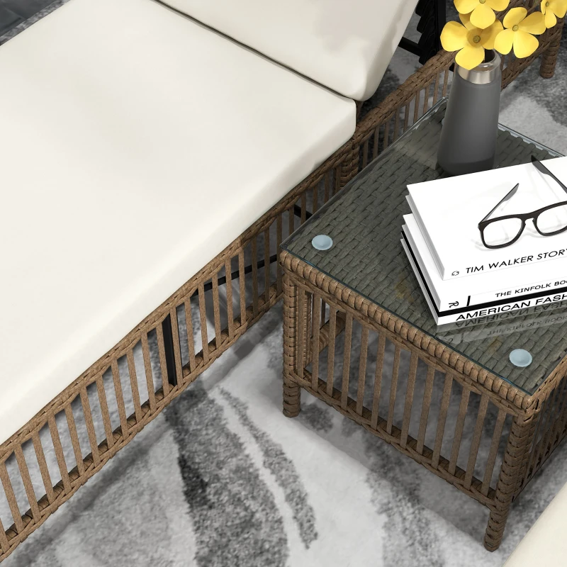 Outsunny Conjunto de 2 Tumbonas de Ratán con Mesa de Centro Respaldo Ajustable en 5 Niveles y Cojines 196x54x32 cm Beige