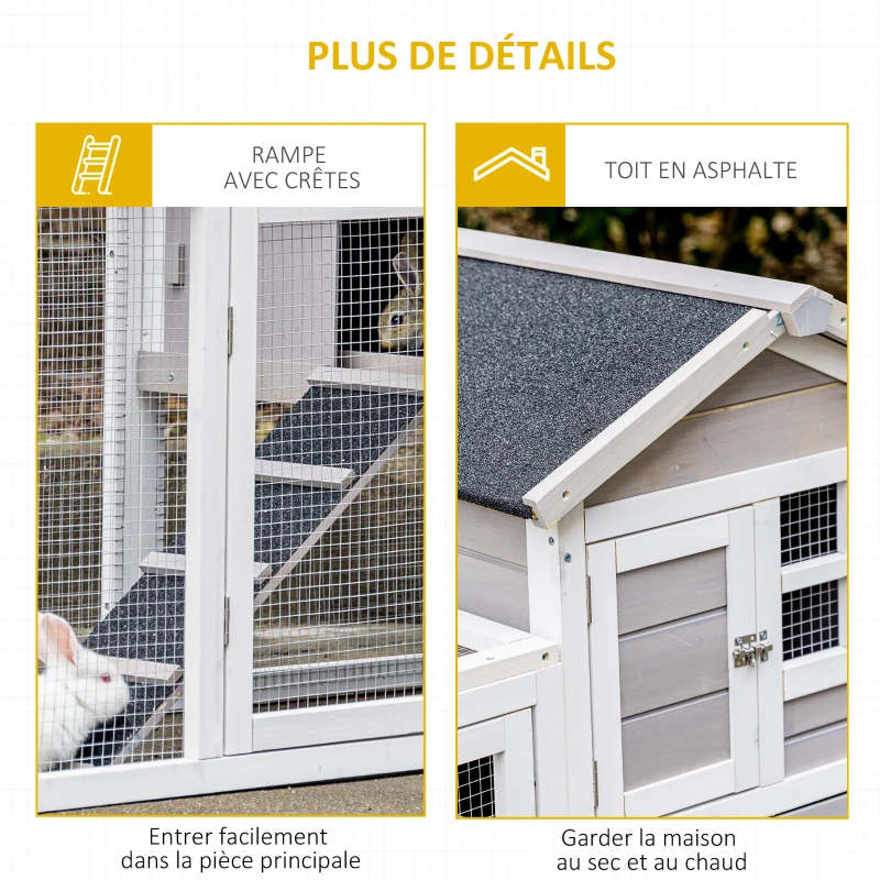 PawHut Clapier cage à lapins cottage - niche supérieure avec rampe et enclos extérieur - plateau coulissant, toit bitumé, 4 portes verrouillables - dim. 128L x 64l x 92H cm bois de sapin blanc gris