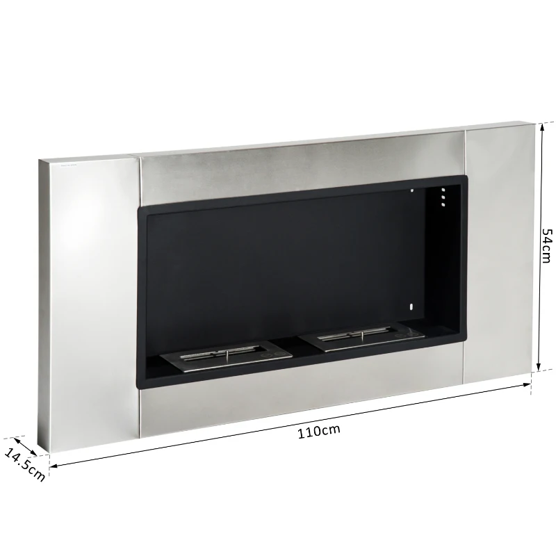 Chimenea de Pared Bioetanol 110x54x14'5cm Acero Inoxidable 2 Quemadores Gel Bioetanol Etanol