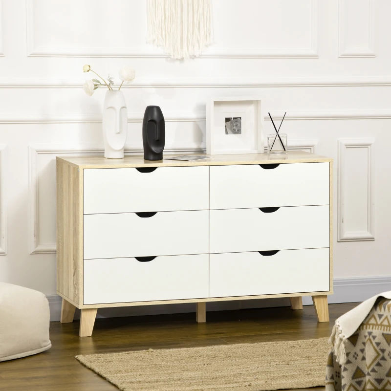 HOMCOM Cómoda con 6 Cajones Cajonera para Dormitorio Salón Estudio Estilo Moderno 120x40x76 cm Natural y Blanco(m-2)