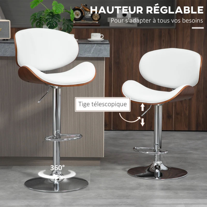 HOMCOM Lot de 2 chaises de bar tabouret hauteur réglable revêtement synthétique 53 x 52 x 92-112 cm blanc