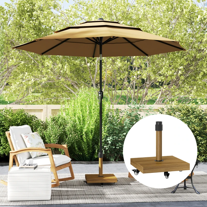 Outsunny Stojak na parasol ogrodowy z kółkami, bazą w kolorze drewna, mobilna podstawa na parasol, Metal, Beton, Jasnobrązowy