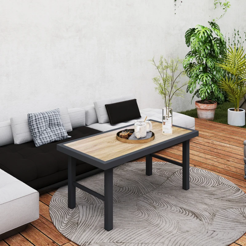 Outsunny Metal Garden Coffee Table, Outdoor Side Table with SPC Woodgrain Tabletop for Outside, Garden, Balcony, Porch, 100 x 53 x 46cm, Brown Wood Effect