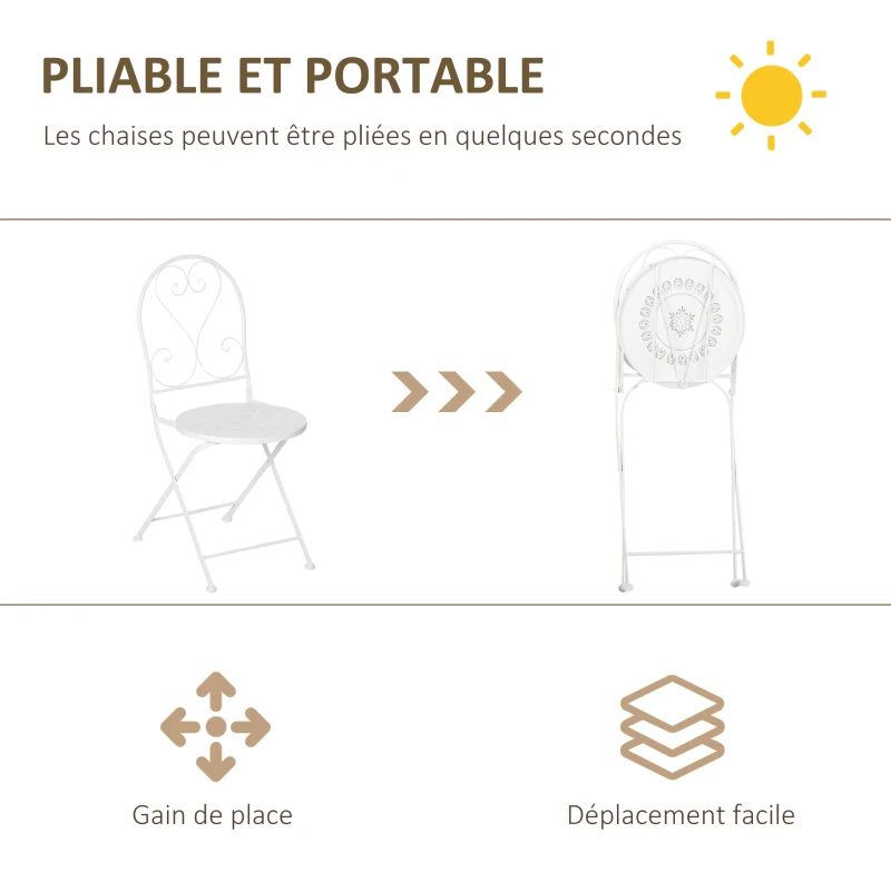 Outsunny Ensemble de jardin bistro 3 pièces 2 chaises pliantes et table ronde en métal époxy - blanc