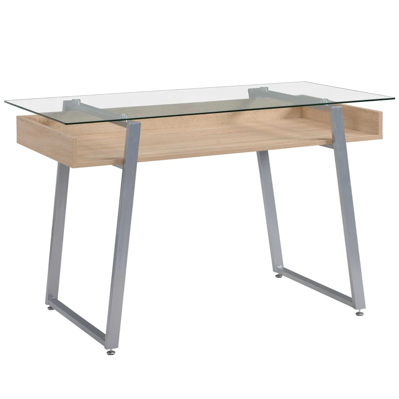 HOMCOM Scrivania da Computer di Design con Piano in Vetro Temperato di 9mm e Telaio in Legno e Acciaio, per Casa Ufficio