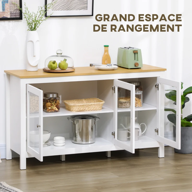 HOMCOM Buffet meuble de rangement avec 3 portes vitrées 2 étagères réglables plateau aspect bois clair 120 x 40 x 70 cm blanc