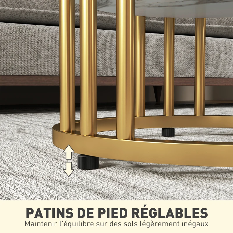 HOMCOM Lot de 2 tables basses rondes tables de salon effet marbre avec étagère de rangement ouverte et cadre en acier or