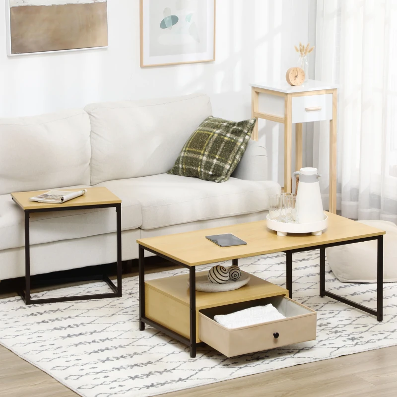 HOMCOM Set da 2 pezzi con Tavolino da Caffè e Tavolino laterale a C in Acciaio e Truciolato, Color legno