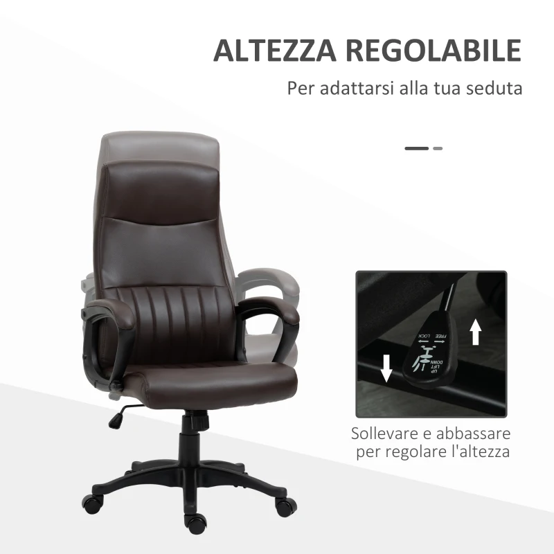 Vinsetto Sedia da Ufficio Ergonomica, Sedia Girevole con Schienale Alto e Dondolo, Altezza Regolabile e Ruote, 61.5x66x113-123cm, Marrone