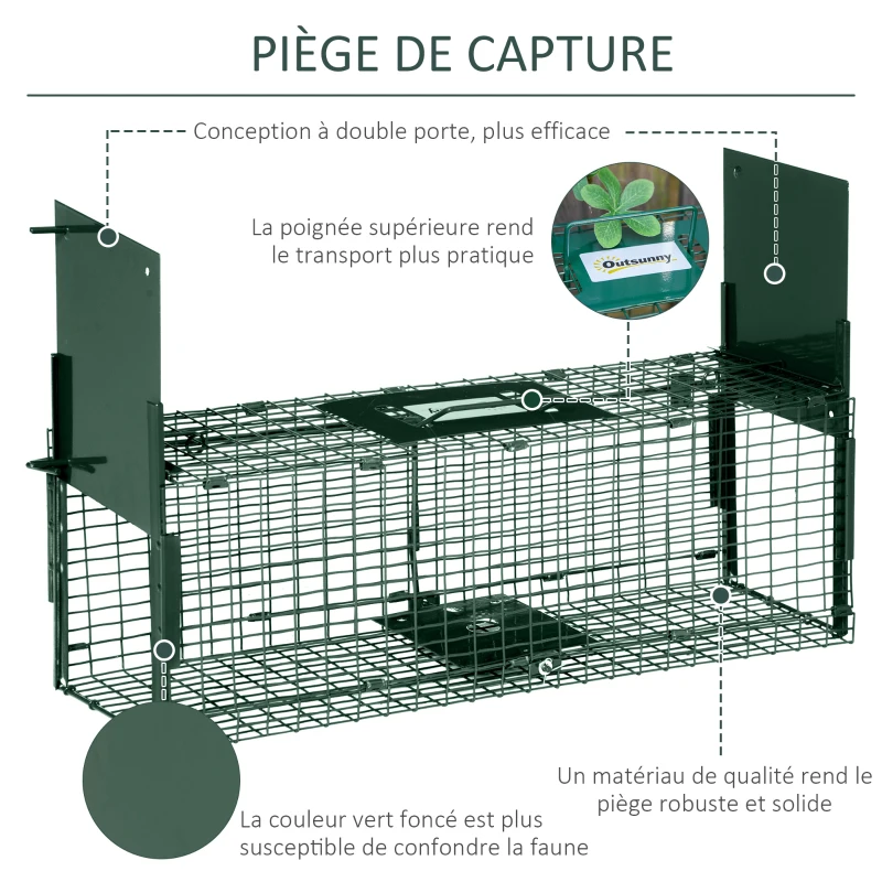 PawHut Piège Vivant Cage Attrape 60 x 18 x 20 cm Piège Fouine pour Martres, Rats, Souris - 2 entrées + poignée - métal vert