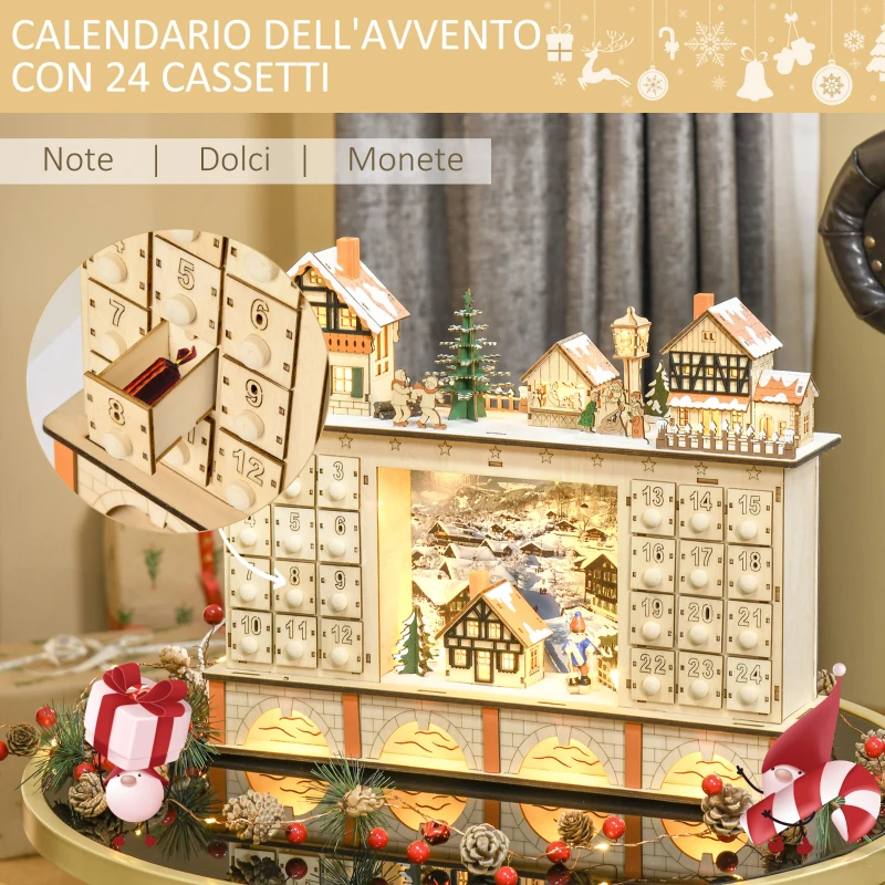 HOMCOM Calendario dell'Avvento in Legno con 24 Cassetti da Riempire, Decorazione con Villaggio di Natale e Luci, 44x10x37cm