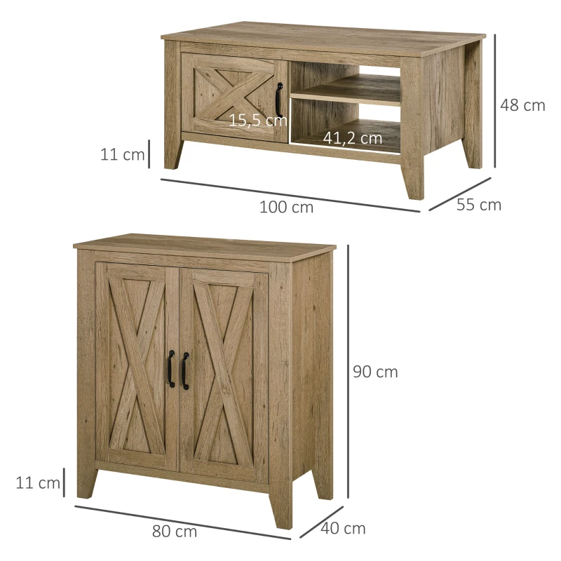HOMCOM Ensemble de table basse et buffet de cuisine style rural chic multi-rangement - en Bois Aspect chêne