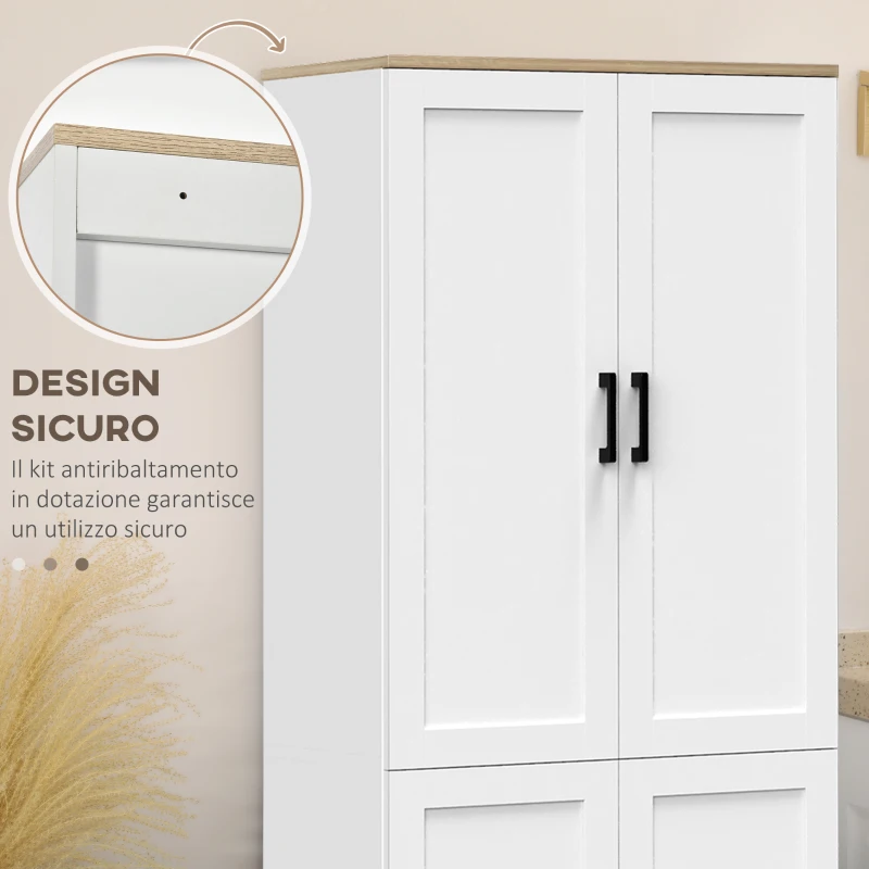 HOMCOM Mobile Dispensa da Cucina in Legno con 5 Ripiani Regolabili e 4 Ante, 60x30x170.5 cm, Bianco e color Legno