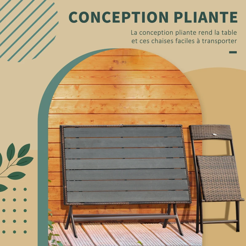 Outsunny Ensemble salon de jardin 6 personnes grande table rectangulaire pliable + 6 chaises pliantes métal résine tressée PS chocolat