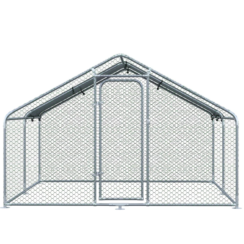PawHut Pollaio per Galline da Esterno in Metallo con Copertura in Tessuto Oxford, 300x400x195 cm, Argento