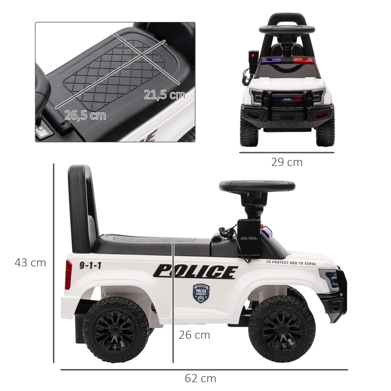 HOMCOM Coche Correpasillos de Policía para Bebé Coche sin Pedales con Megáfono y Almacenaje Oculto 62x29x43 cm Blanco