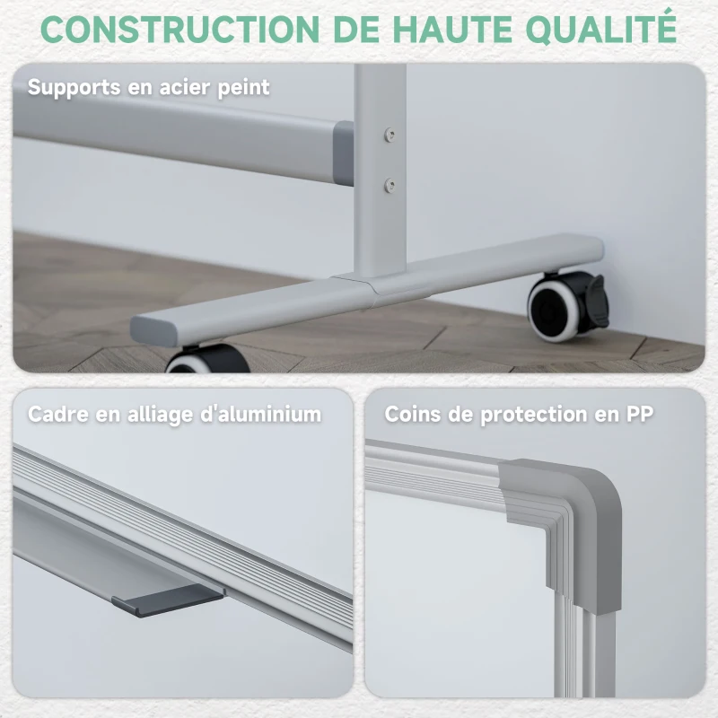 HOMCOM Tableau blanc magnétique double face effacable rotatif mobile avec support, aimants, marqueurs, gomme et roulettes