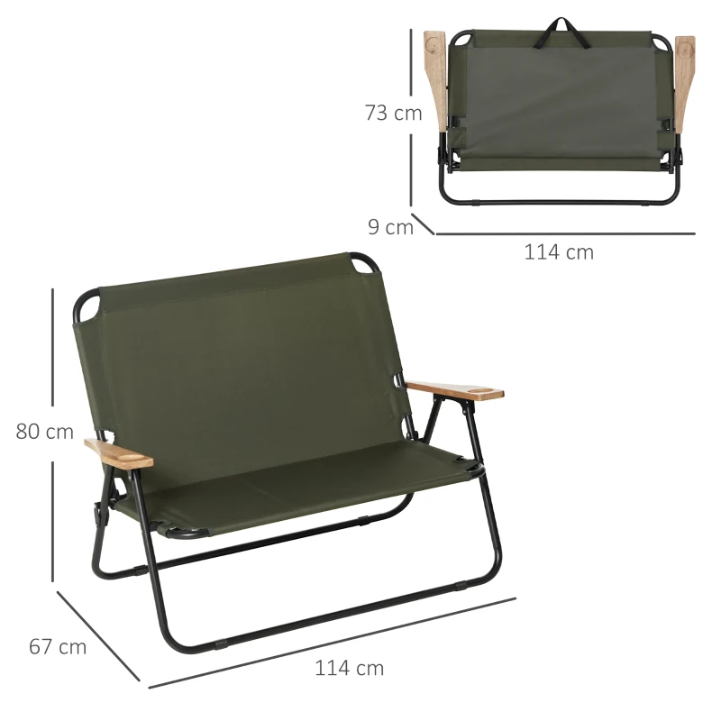 Outsunny Chaise double banc 2 places pliant pour Camping avec accoudoirs en bois et porte-gobelets, dim. 114L x 67l x 80H cm