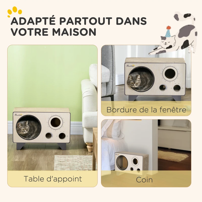 PawHut Griffoir pour chat en forme de radio avec herbe à chat, maison 2 en 1 carton ondulé pour chat chaton 57 x 24,5 x 39 cm